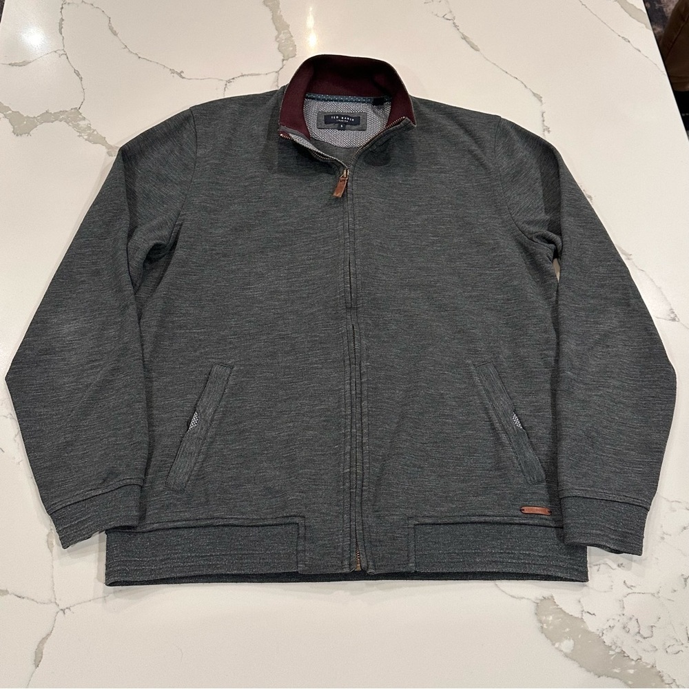 Ted Baker Charcoal Gray Mock Neck Knit Jacket Men’s 5 XL Full Zip Pockets Logo